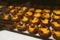 Close up of a display of many Pasteis de belem, a traditional portuguese pastry in Lisbon. Portugal. Also known as Pasteis de Nata
