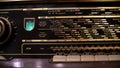 Close up display vintage radio with frequencies of European cities and countries. Tuning music on retro radio receiver