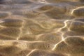 Close-up Distorted texture of sand under water. Transparent water ripples, sand waves and glare of sunlight. Seabed