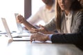 Close up of diverse employees cooperate at office meeting Royalty Free Stock Photo