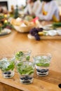 Close up of diverse friends having dinner at christmas