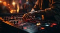 Close up of DJ hands adjusting controls on a mixing deck at a party. Generative AI