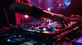 Close up of DJ hands adjusting controls on a mixing deck at a party. Generative AI