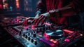 Close up of DJ hands adjusting controls on a mixing deck at a party. Generative AI