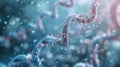Close-up of DNA strands in a blueish atmosphere, representing genetic research and biological complexity, with floating particles