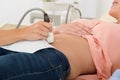 Doctor Moving Ultrasound Probe On Pregnant Woman`s Stomach