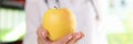 Doctor nutritionist holding ripe yellow apple in hand Royalty Free Stock Photo