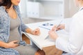 Close up of doctor with tablet and pregnant woman