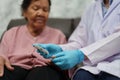 close up doctor using glucometer checking blood sugar level of senior woman. diabetes concept Royalty Free Stock Photo