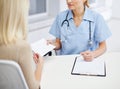 Close up of doctor and woman meeting at hospital