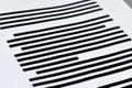 Close up of documents with fully blacked out text. Censorship secrecy Royalty Free Stock Photo