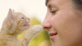 CLOSE UP: Adorable orange tabby kitten meows and touches the young woman's nose. Royalty Free Stock Photo