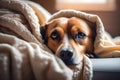 Close-up of a dog in bed under a blanket. Pets concept. Playground AI platform. Royalty Free Stock Photo