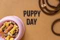 Close up of a dog bowl with bones, leather leash on brown background. Title Puppy day in the middle. Dog accessories, rubber toys. Royalty Free Stock Photo