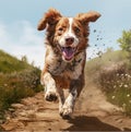 close-up dog running along the road in nature