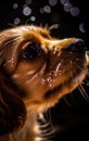 a close up of a dog\'s face with a blurry background of bubbles in the air and a blurry image of a dog\'s head