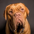 Close-up of Dogue de Bordeaux, , in front of grey background.