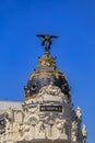 Close up of the dome of Metropolis, one of the most beautiful buildings in Madrid Spain on Gran Via main shopping street