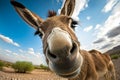 Close up of donkey& x27;s face with blue sky in the background. Generative AI Royalty Free Stock Photo