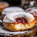 A close up of a donut with powdered sugar and jam, AI