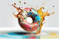 Close up donut with splash color. Ai generated