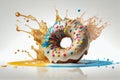 Close up donut with splash color. Ai generated