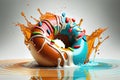 Close up donut with splash color. Ai generated