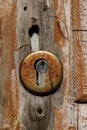 Close-up of the door lock. Iron keyhole on a wooden door.