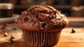 A close-up of a double chocolate chip muffin with a soft, moist center in Royalty Free Stock Photo