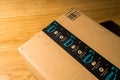Close-up of double scotch tape on the Amazon Prime cardboard parcel - the