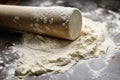 close-up of dough, with flour dusting and rolling pin visible Royalty Free Stock Photo