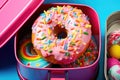 close-up of a doughnut in a childs colorful lunchbox