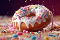 Close up of a doughnut sprinkled with frosting and colorful candy bits. Generative AI