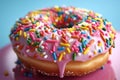 Close up of a doughnut sprinkled with frosting and colorful candy bits. Generative AI