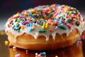 Close up of a doughnut sprinkled with frosting and colorful candy bits. Generative AI