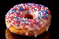 Close up of a doughnut sprinkled with frosting and red blue candy bits. Generative AI