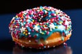 Close up of a doughnut sprinkled with frosting and red blue candy bits. Generative AI
