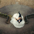 Close-up down view of the beautiful newlywed couple laying on the dress of the bride on the stairs. Prague location.