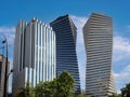 Close-up downtown district of skyscrapers Axis Towers Art Nouveau building against the backdrop of a beautiful sky