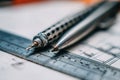 Close-Up of Drafting Tools on Technical Blueprints for Construction Royalty Free Stock Photo