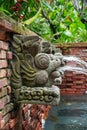 A close up of a dragon head water fountain spout