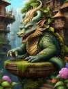 A close-up dragon on a pedestal in a garden, digital painting, game card, design, fantasy art Royalty Free Stock Photo