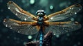 A close up of a dragonfly with blue and yellow wings, AI Royalty Free Stock Photo