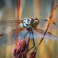 a close up of a dragonfly on a flower stem Royalty Free Stock Photo