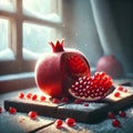 Winter Pomegranate Magic: Open Pomegranate on Snowy Wooden Board by Window AI-GENERATED Royalty Free Stock Photo
