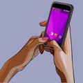 Close-up drawn female hands holding the phone