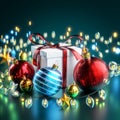 Close Up Dreamy Box Gift Christmas Ball Red Blue Gold Christmas Lights Bokeh Dark Blue Background 3D Render Royalty Free Stock Photo