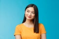 Close-up dreamy hopeful charming young asian woman wear yellow t-shirt turn sideways smiling delighted, contemplate