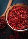 Close-up of dried goji berries in a bowl on dark background Royalty Free Stock Photo