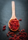 Close-up of dried goji berries in a wooden spoon on dark background Royalty Free Stock Photo